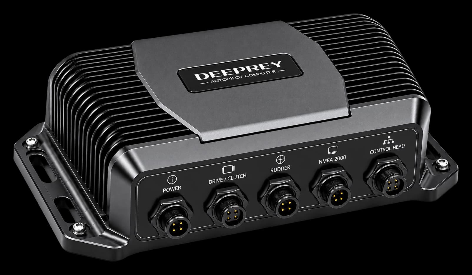 Deeprey Autopilot Computer, three-quarter view showing the finned die-cast enclosure and the five-connector panel