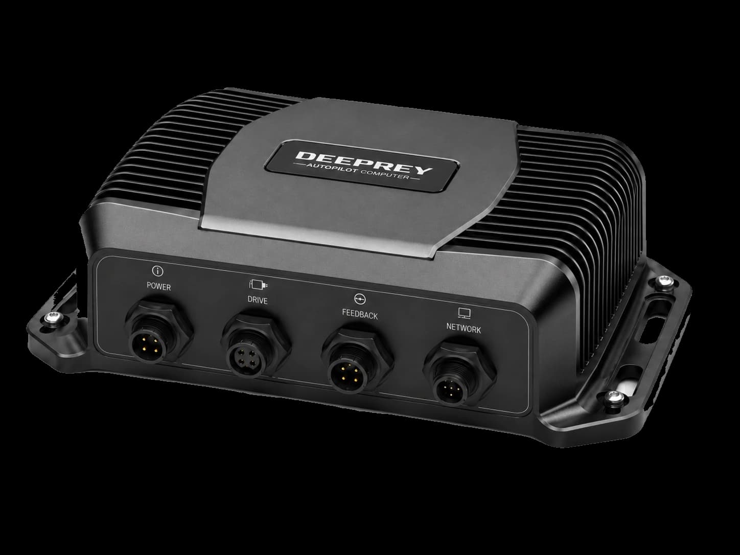 Deeprey Autopilot Computer, three-quarter view showing the finned die-cast enclosure and labelled connector panel