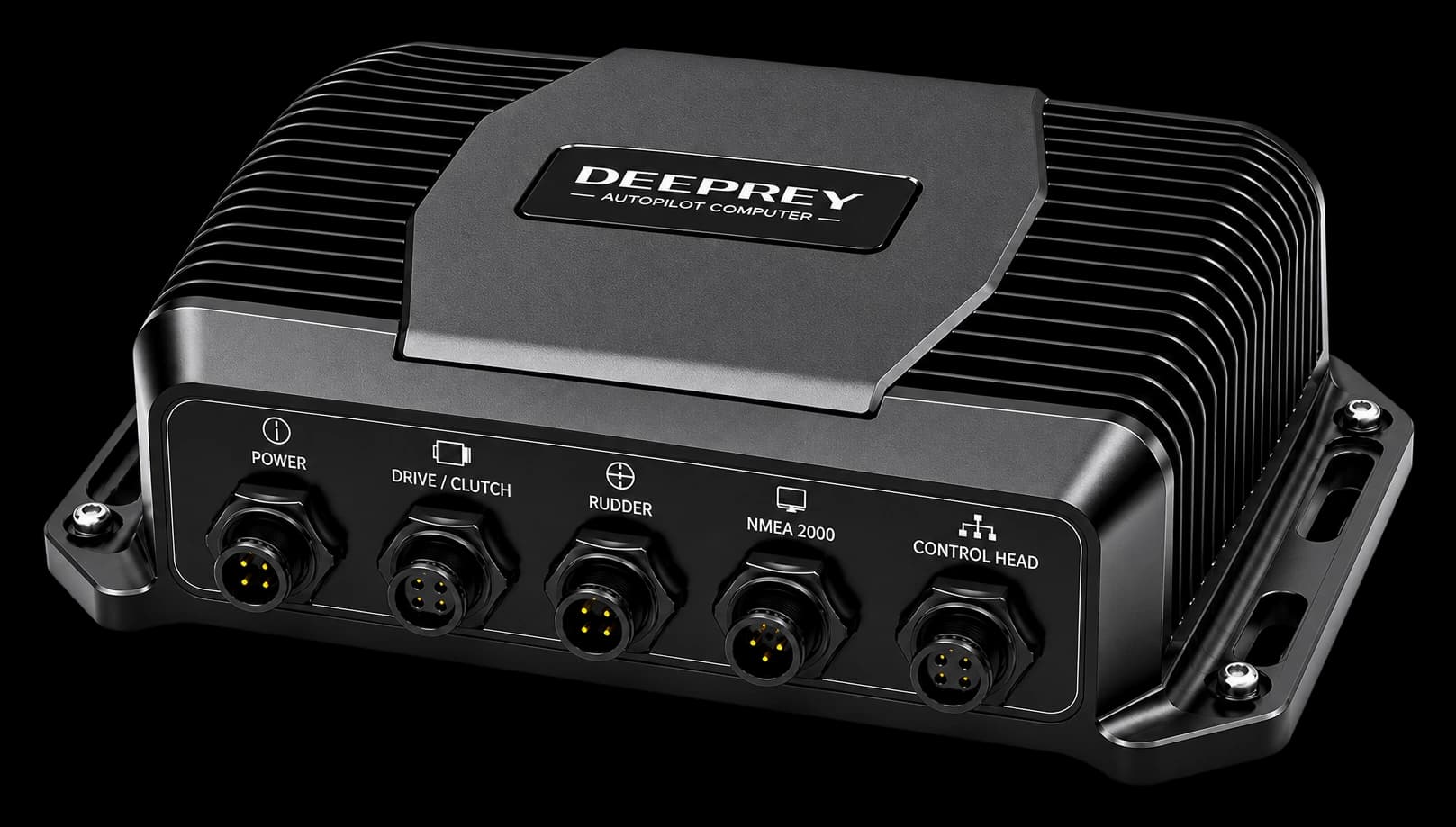 Deeprey DPA-1 Autopilot Computer — sealed die-cast enclosure with labelled Power, Drive / Clutch, Rudder, NMEA 2000 and Control Head connectors