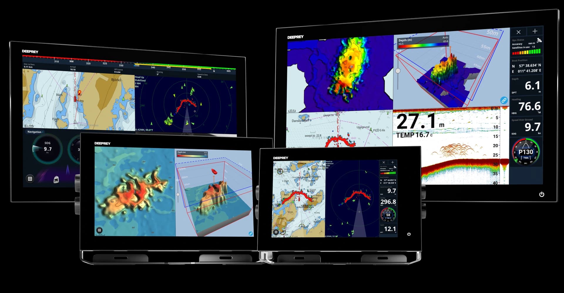 The Deeprey chartplotter family — four sizes showing chart, radar, sonar and 3D bathymetry