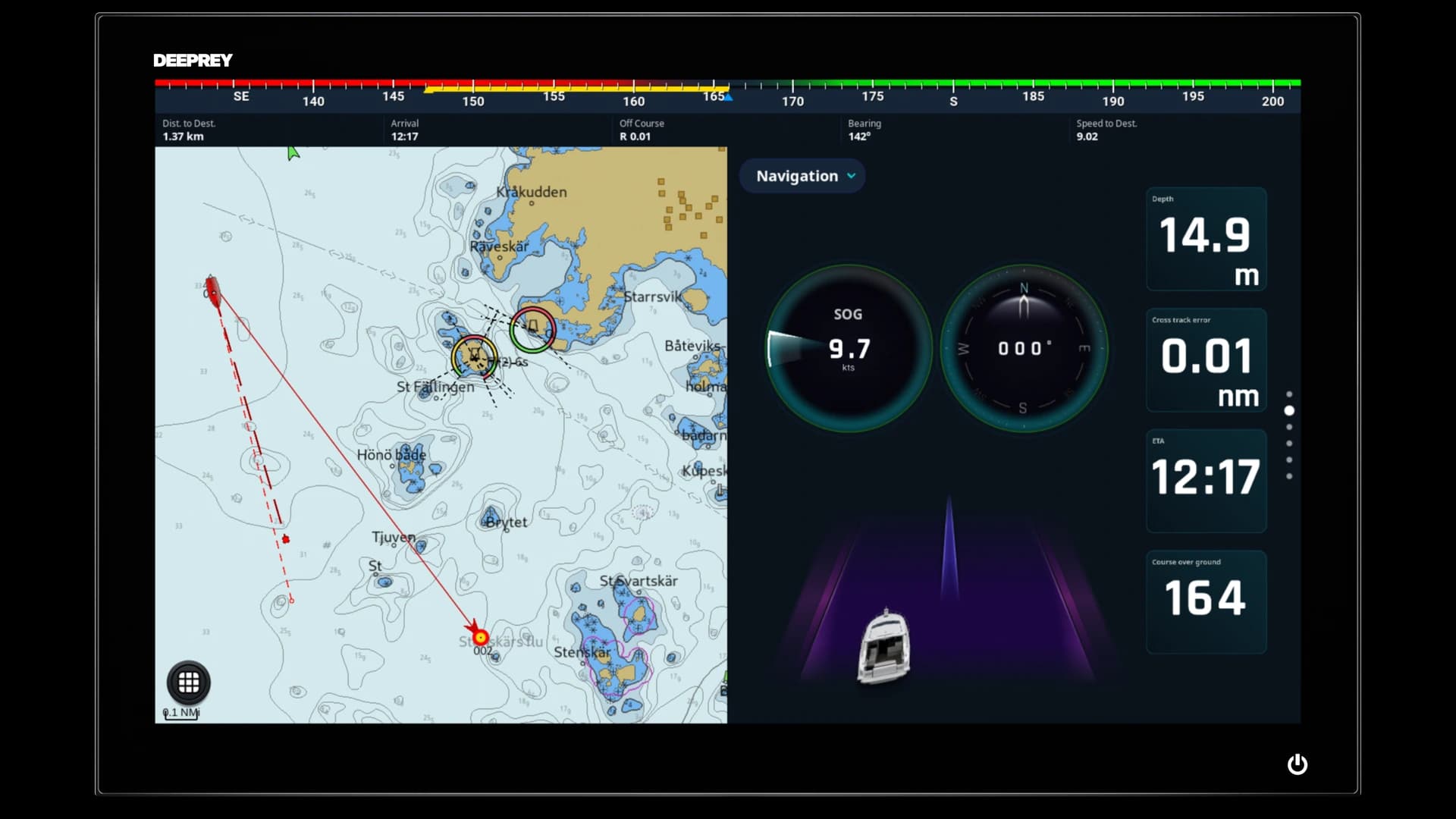 Deeprey MFD 22 running navigation — the helm the Deeprey Autopilot steers from and is controlled by