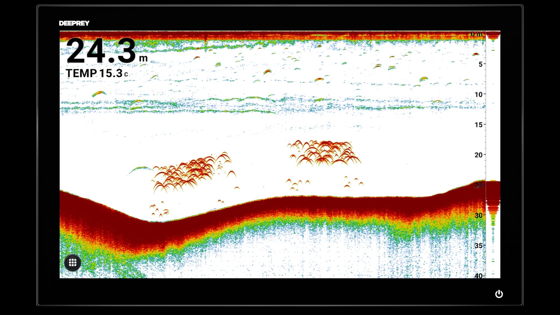 Deeprey MFD 22 running CHIRP sonar: two schools of fish held above a clean, contoured seabed