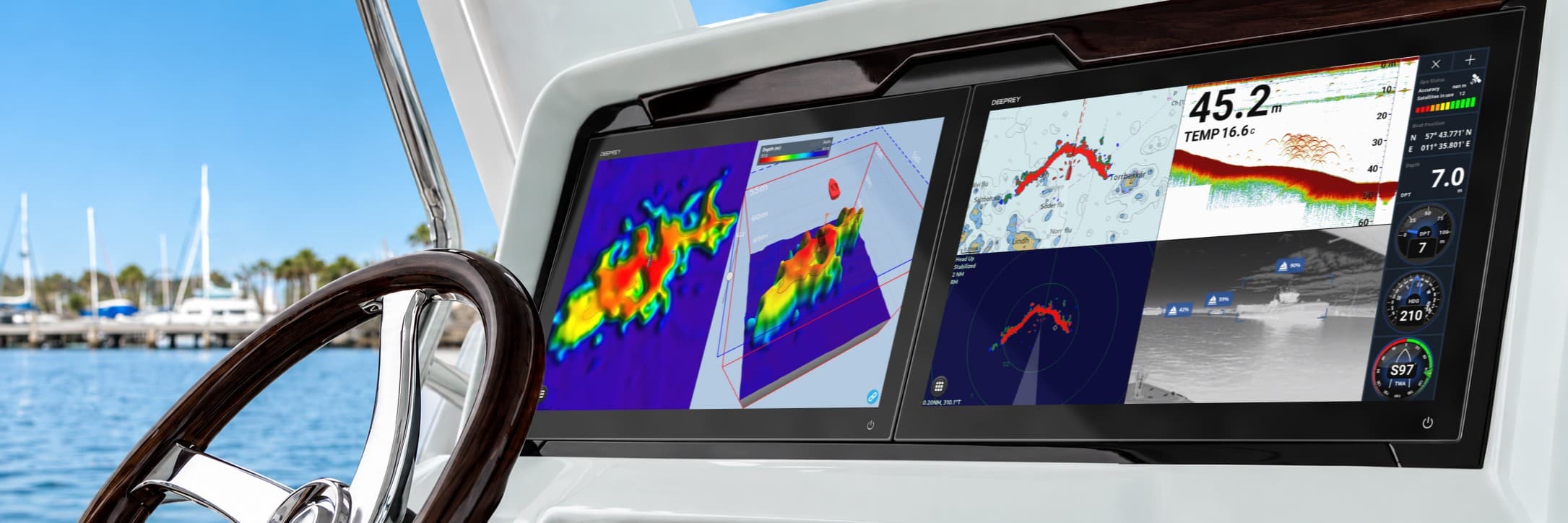 Twin Deeprey displays at a bright open helm — 3D bathymetry, charts, sonar, radar, AI camera detection and instruments running at once