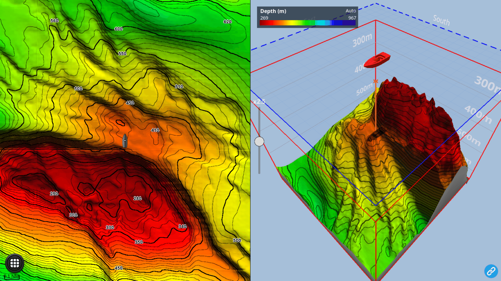 Twin-pane chartplotter — 2D depth contours beside a live 3D render of the seabed
