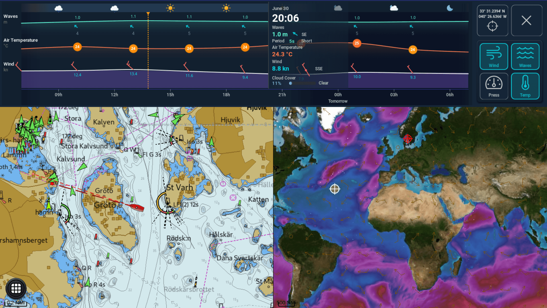 Twin-pane chartplotter showing a clear vector chart beside a live weather forecast