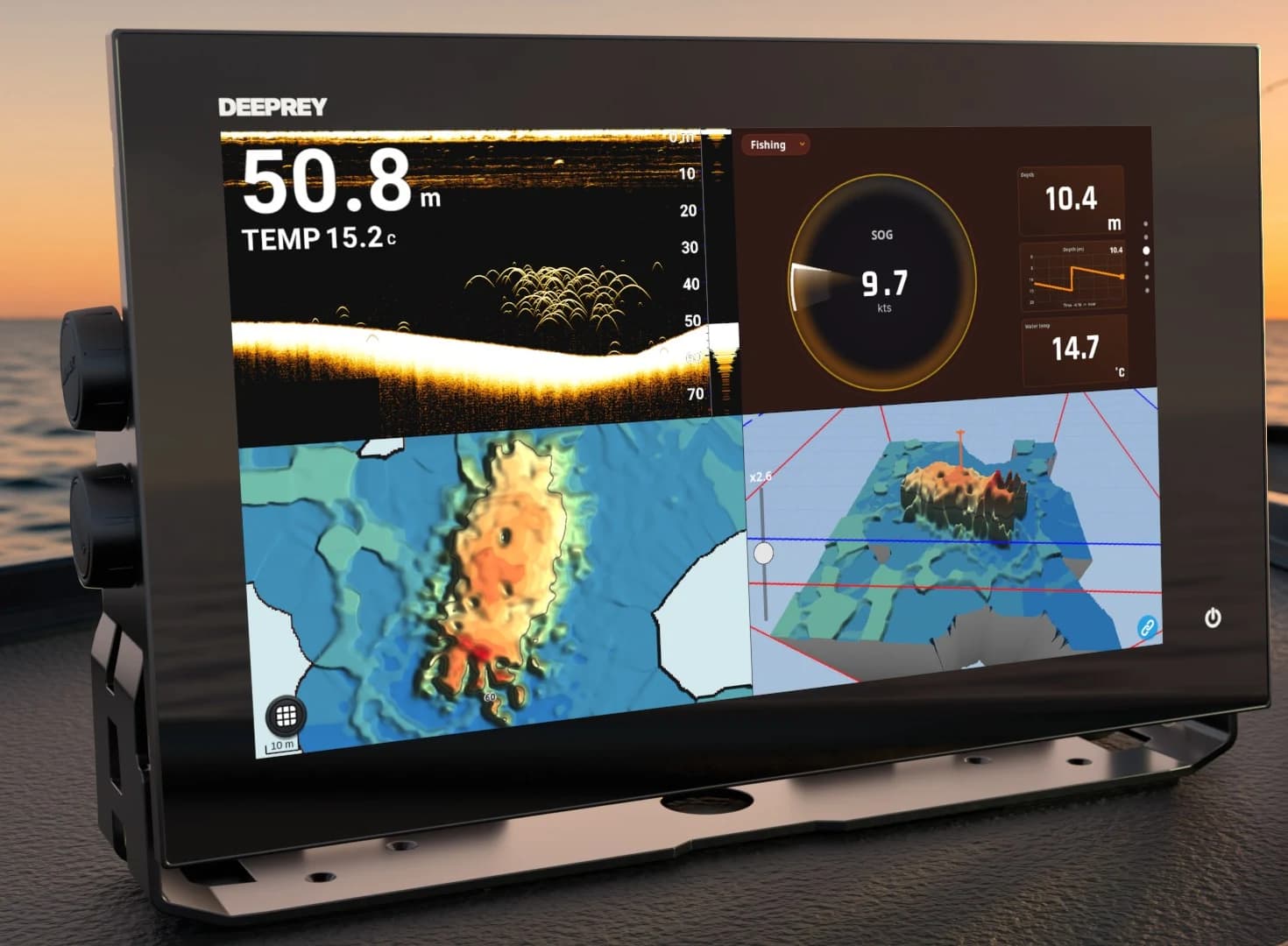 Deeprey chartplotter at the helm at sunset, running sonar, instruments and 3D bathymetry at once