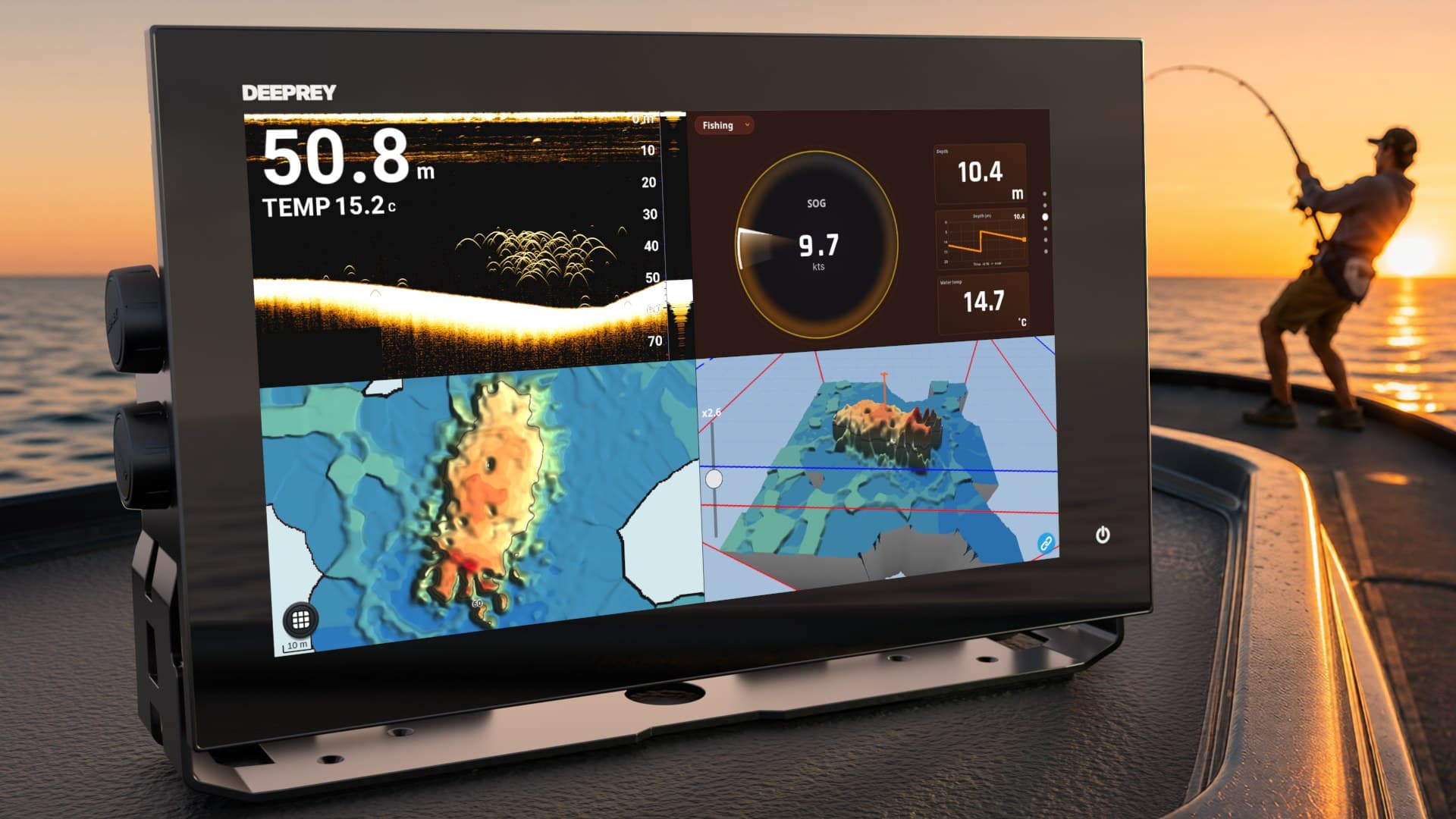 Angler fighting a fish at sunset while a Deeprey chartplotter runs sonar, instruments, charts and 3D bathymetry at once